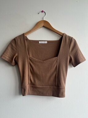 Air Space Taupe Brown Ribbed Square Neck Crop Top | Y2K Clean Girl Baby Tee Sz S
